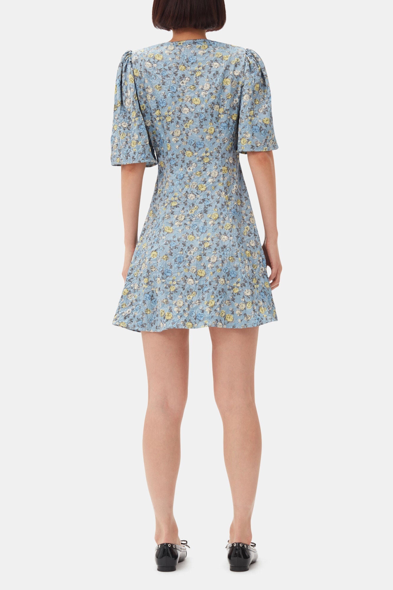 Floral Printed Crinkled Satin Mini Wrap Dress | Dusty Blue