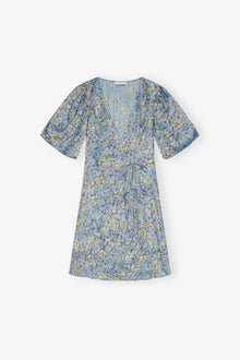 Floral Printed Crinkled Satin Mini Wrap Dress | Dusty Blue