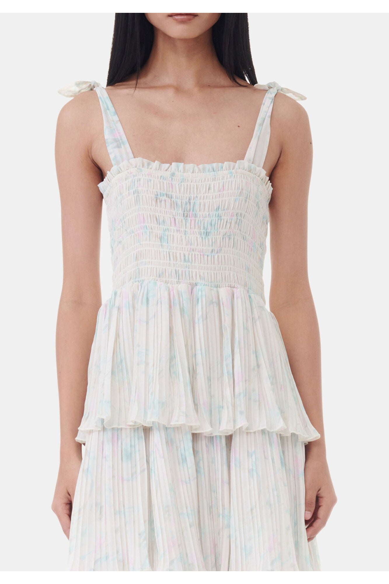 Floral Printed Pleated Georgette Strap Smock Midi Dress | Tofu