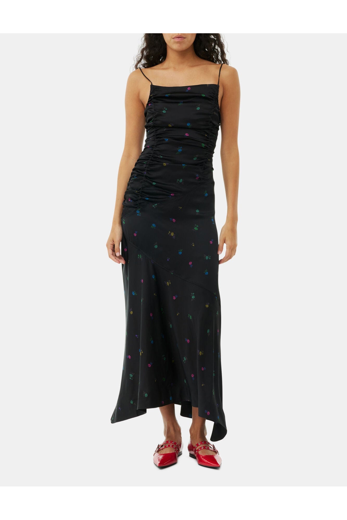 Floral Satin Ruched Long Slip Dress | Black