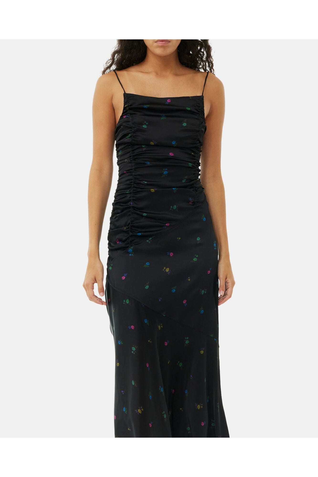 Floral Satin Ruched Long Slip Dress | Black