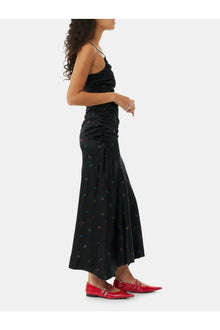 Floral Satin Ruched Long Slip Dress | Black