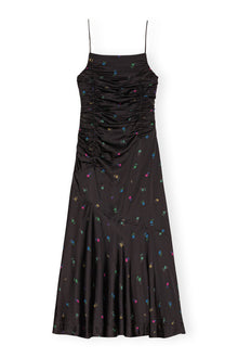 Floral Satin Ruched Long Slip Dress | Black