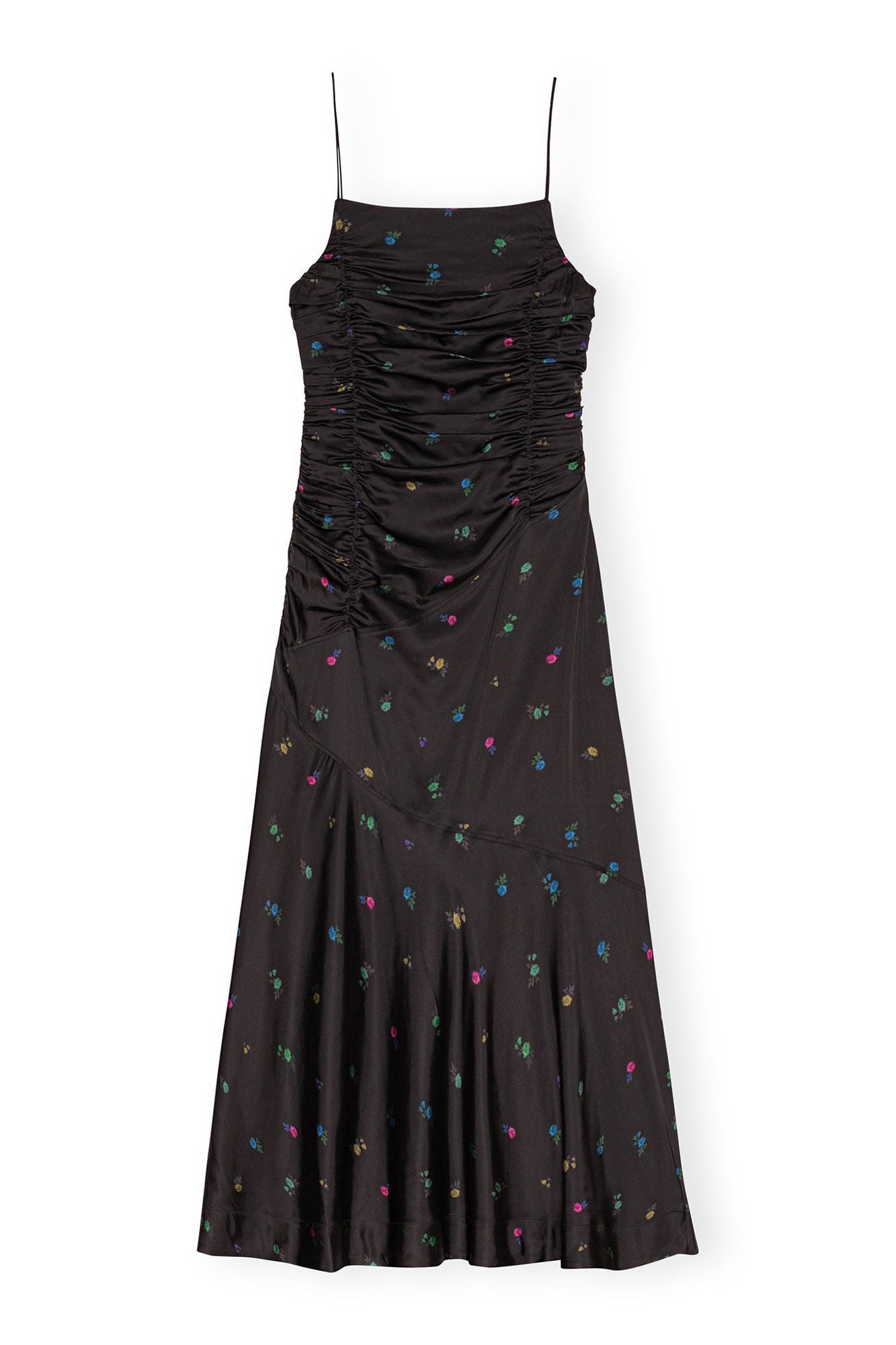 Floral Satin Ruched Long Slip Dress | Black