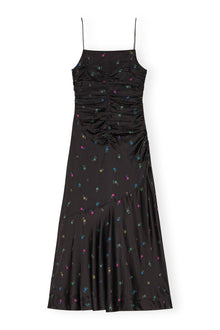 Floral Satin Ruched Long Slip Dress | Black