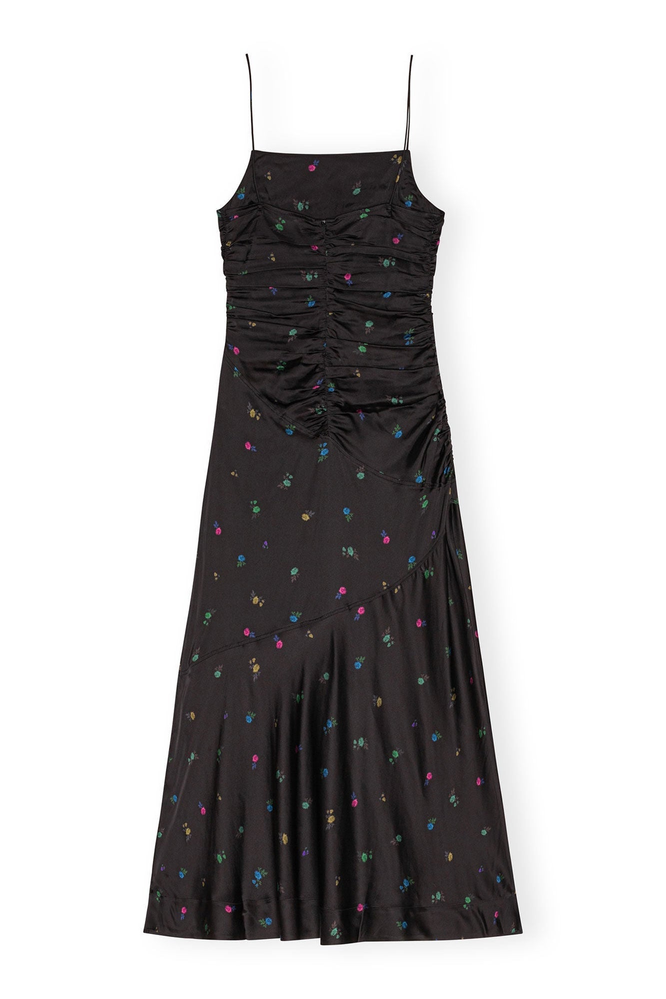 Floral Satin Ruched Long Slip Dress | Black