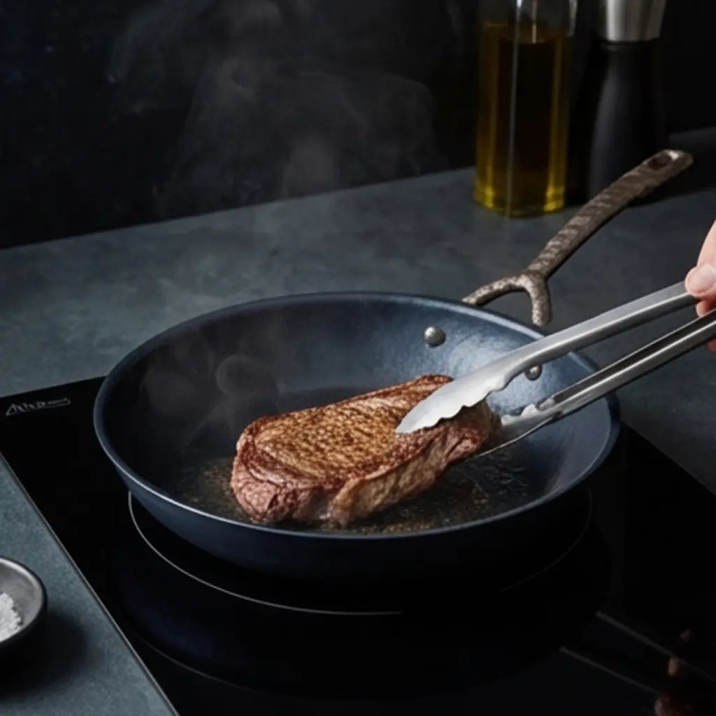 Carbon steel frying pan searing steak on induction cooktop with tongs, kitchen background
