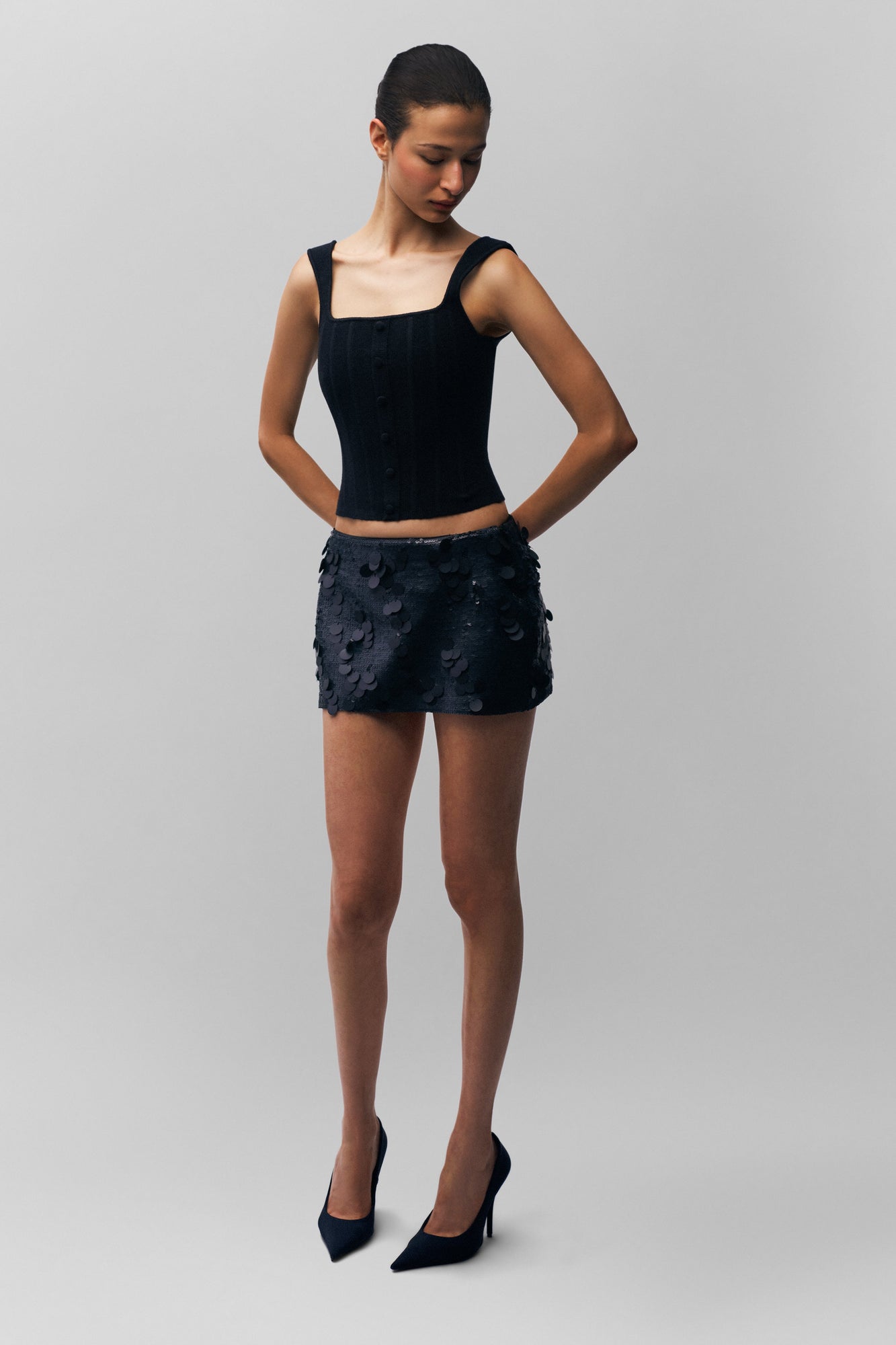 Womens | Low Rise Paillette Skirt | Matte Black