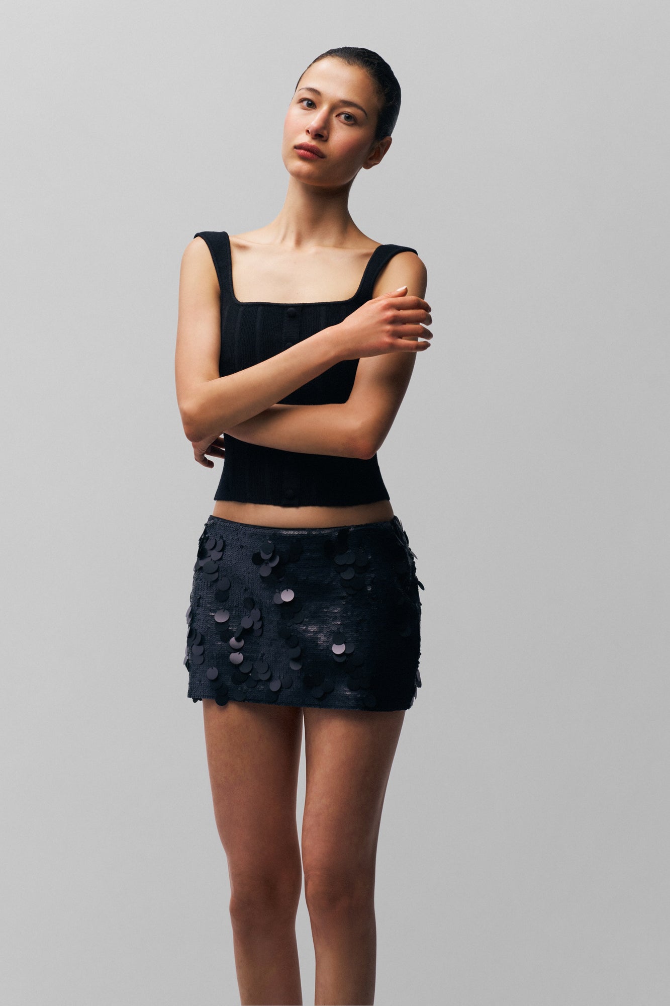 Womens | Low Rise Paillette Skirt | Matte Black
