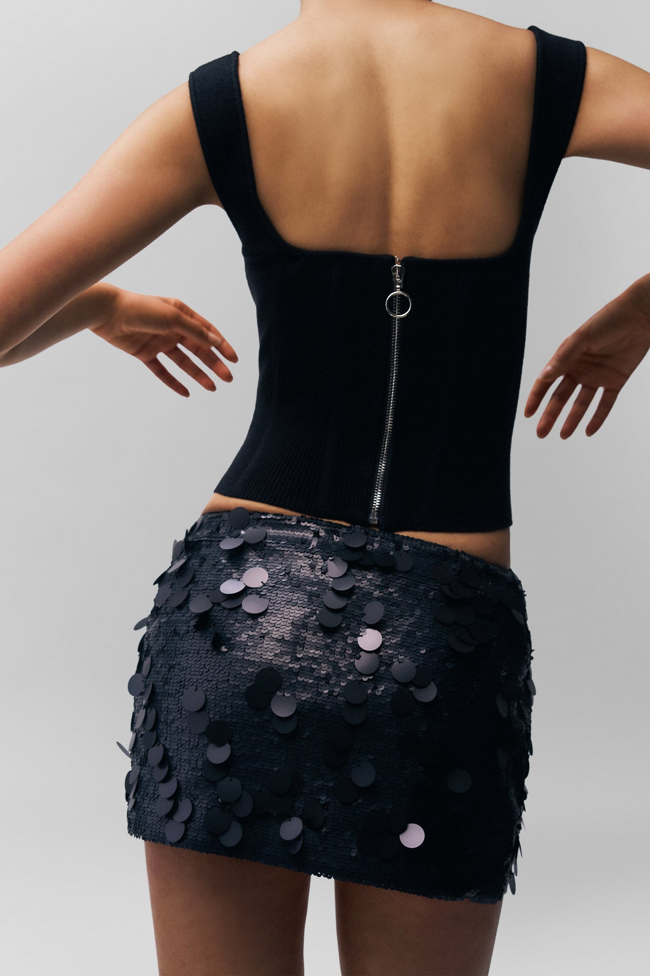 Womens | Low Rise Paillette Skirt | Matte Black