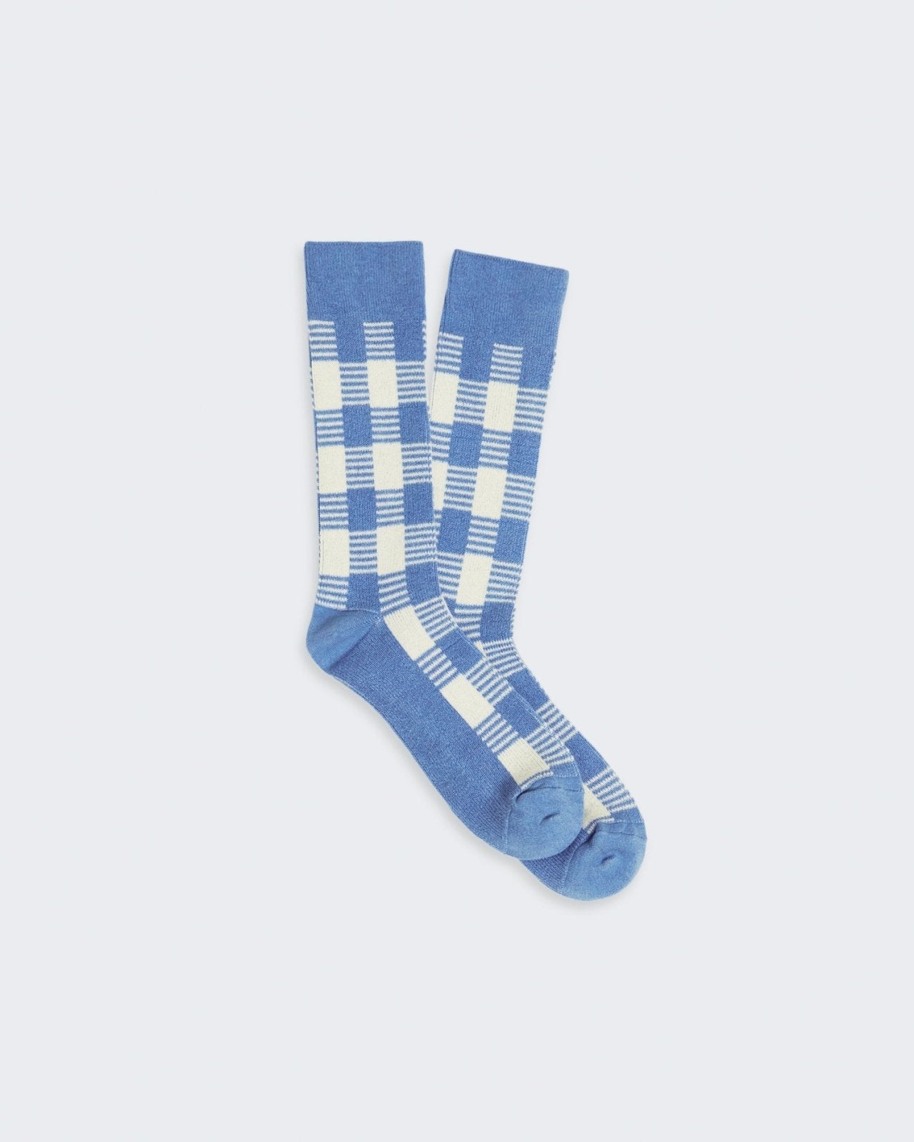 Gingham Socks - French Blue/Cream women's one size silk linen blend jacquard gingham pattern socks