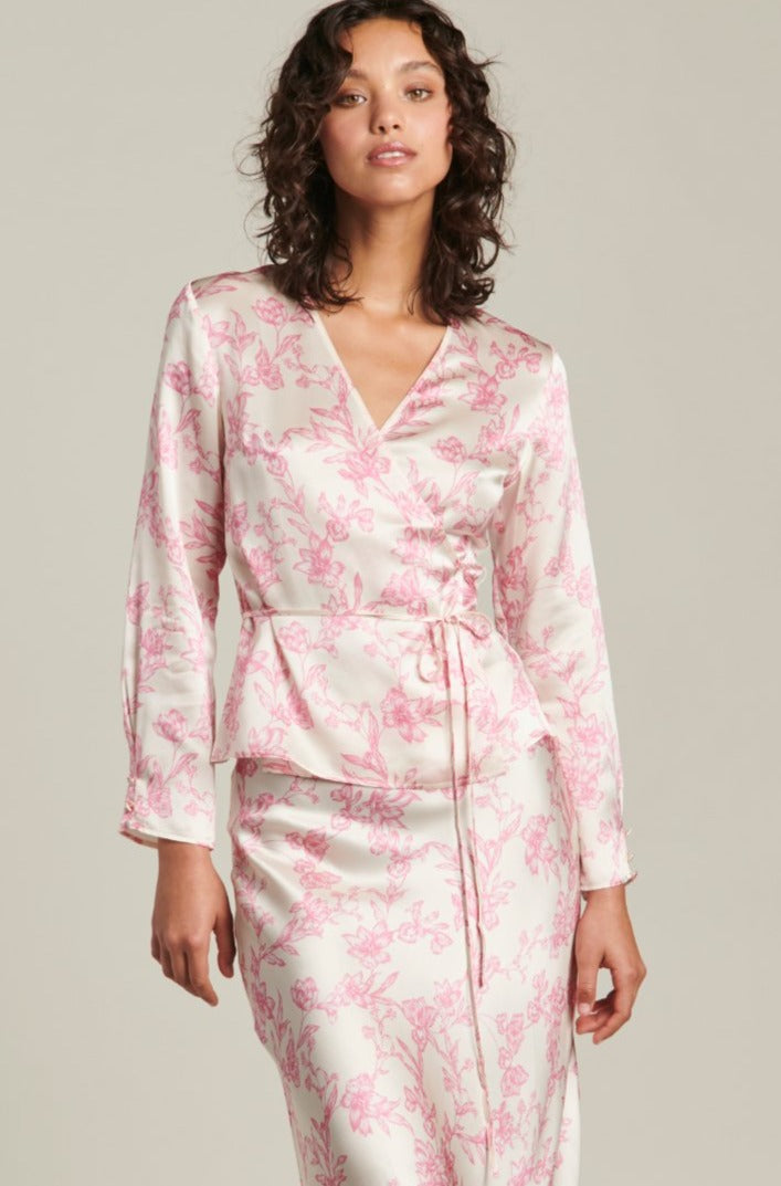 GINIA Silk Isabel Wrap Top Pink Sketch Floral