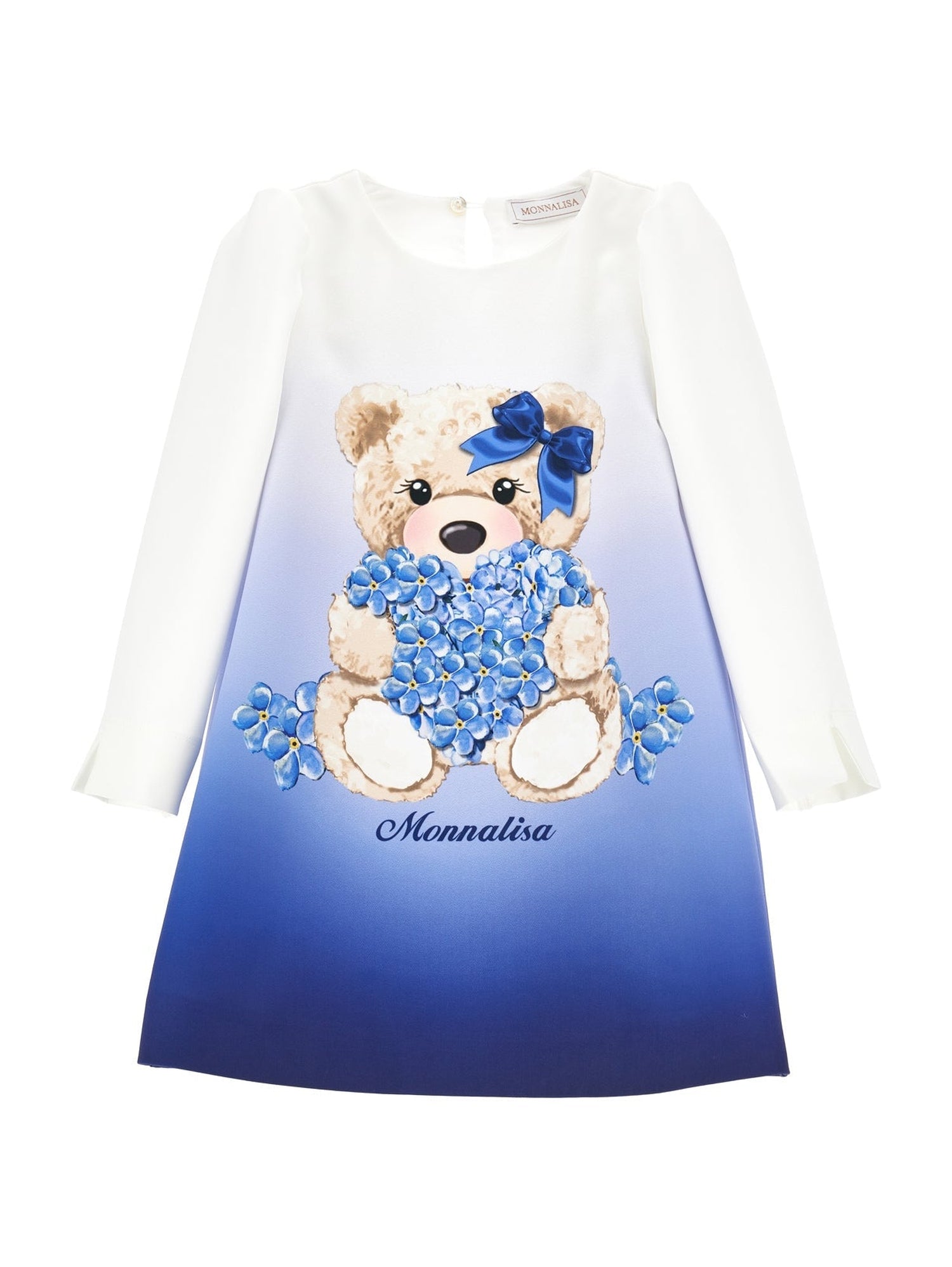 Girls | Crepe Dress With Maxi Bear | Cream/Sky Blue