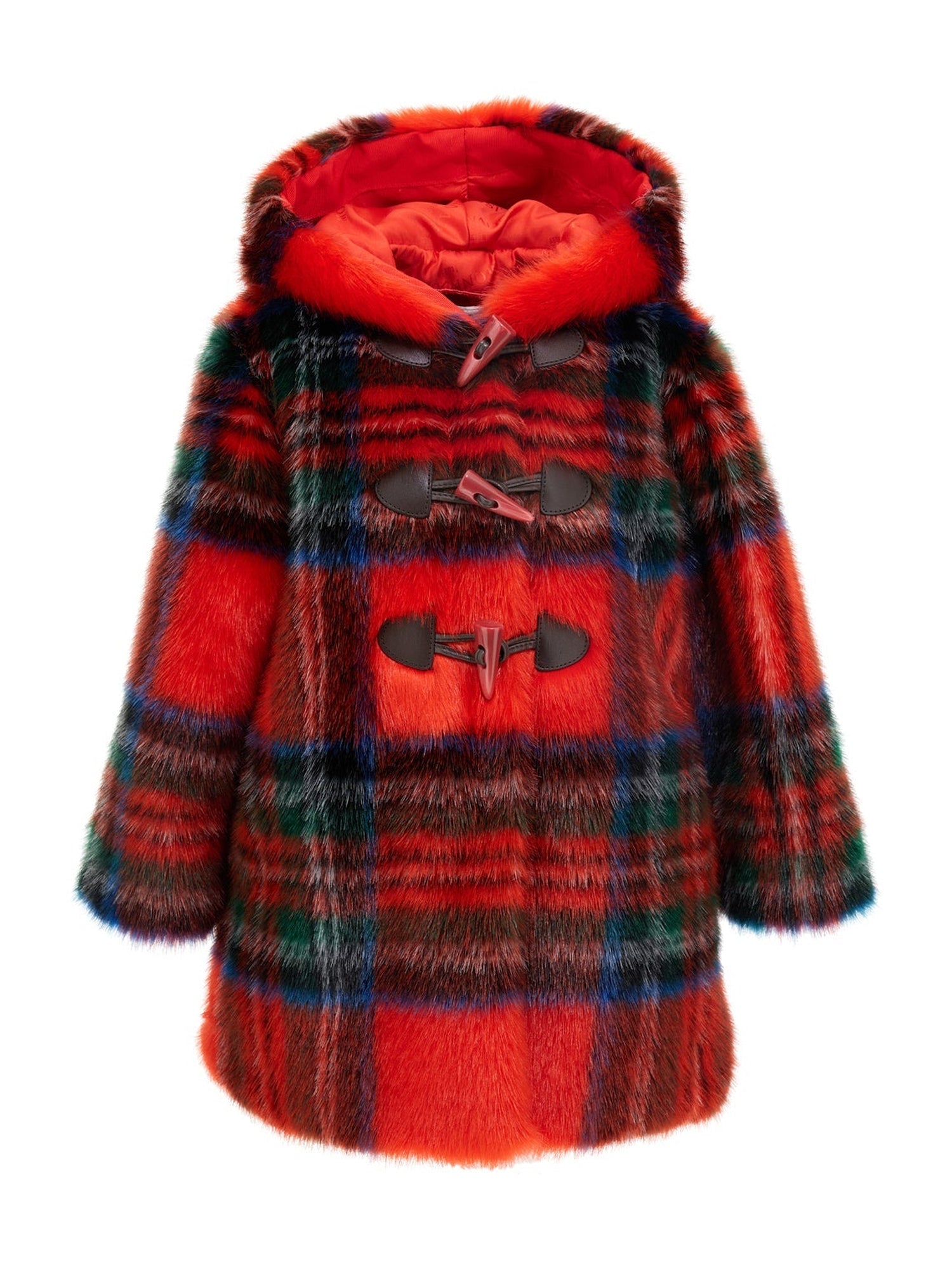 Girls | Tartan Plush Duffle Coat | Ruby