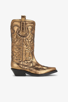Gold Metallic Mid Shaft Embroidered Western Boots | Bronze