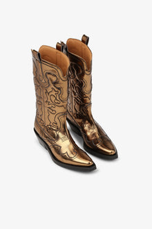Gold Metallic Mid Shaft Embroidered Western Boots | Bronze