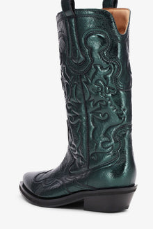 Green Metallic Mid Shaft Embroidered Western Boots | Climbing Ivy