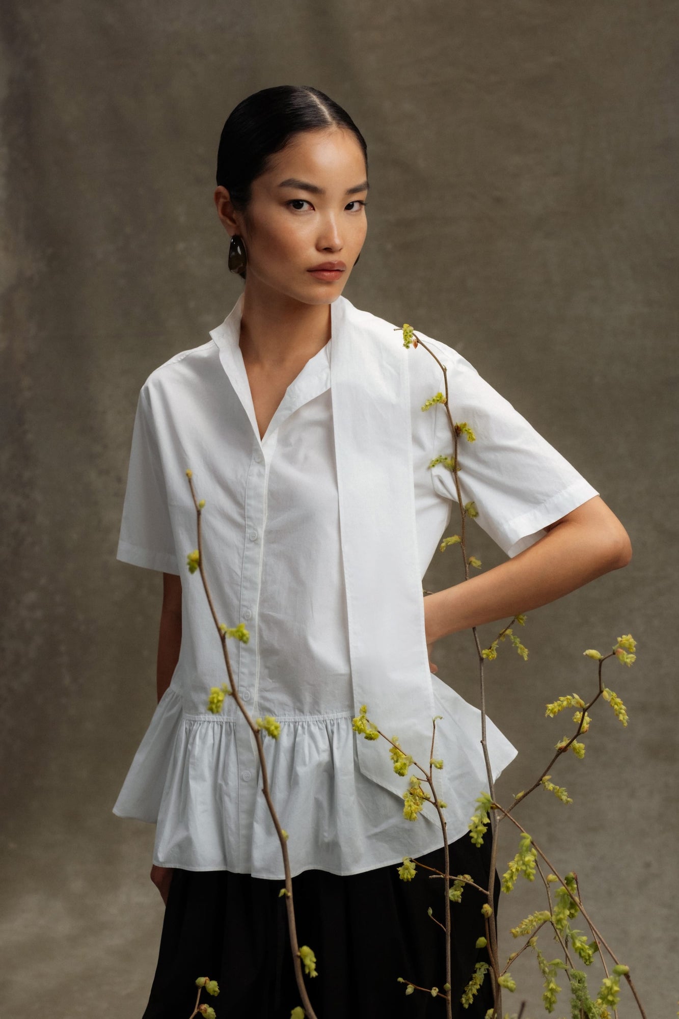 Diana | Gretta Scarf-Neck Ruffled Tunic Blouse in Size Extra Small