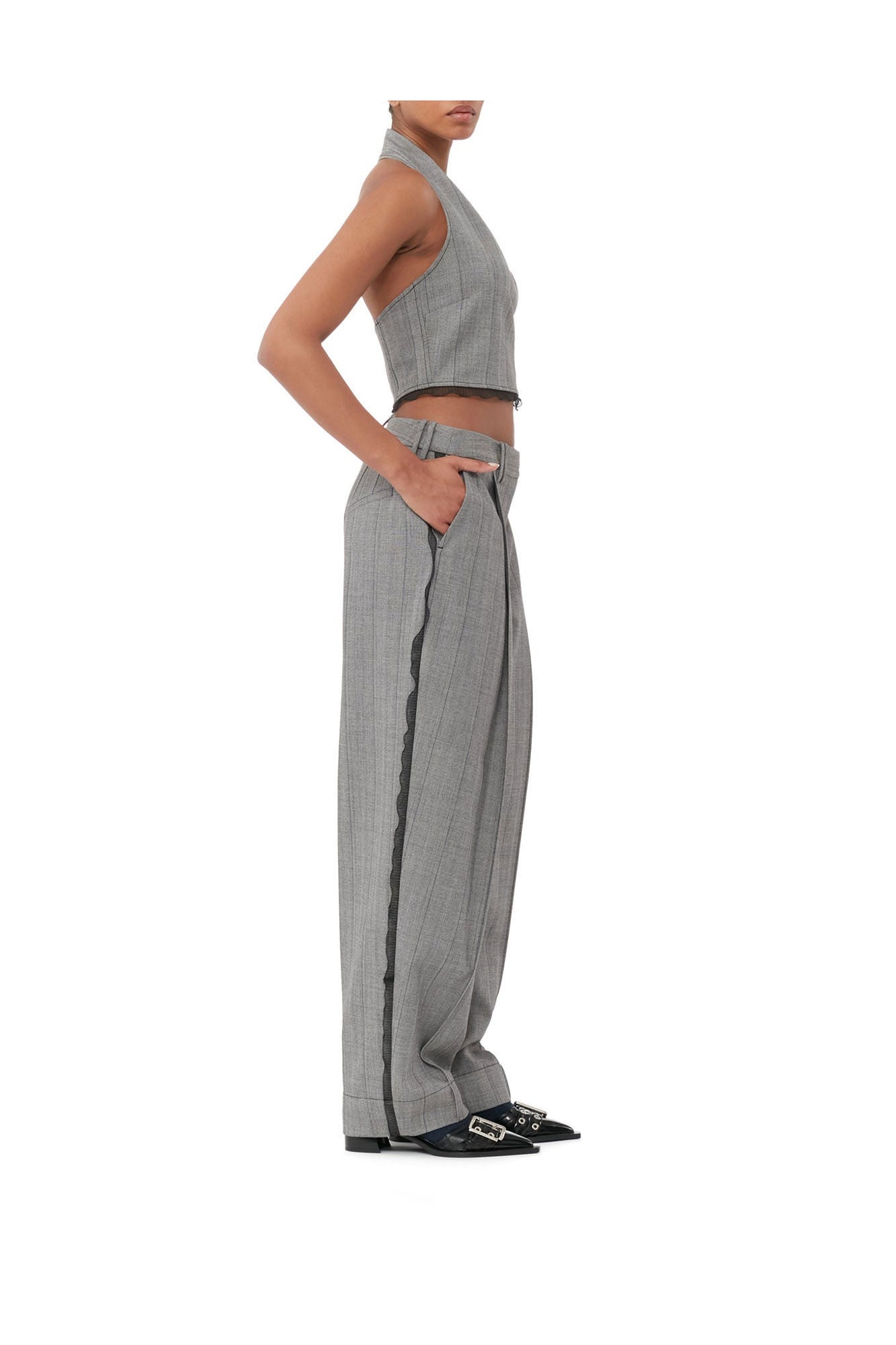 Grey Herringbone Suiting Pleated Trousers | Frost Gray