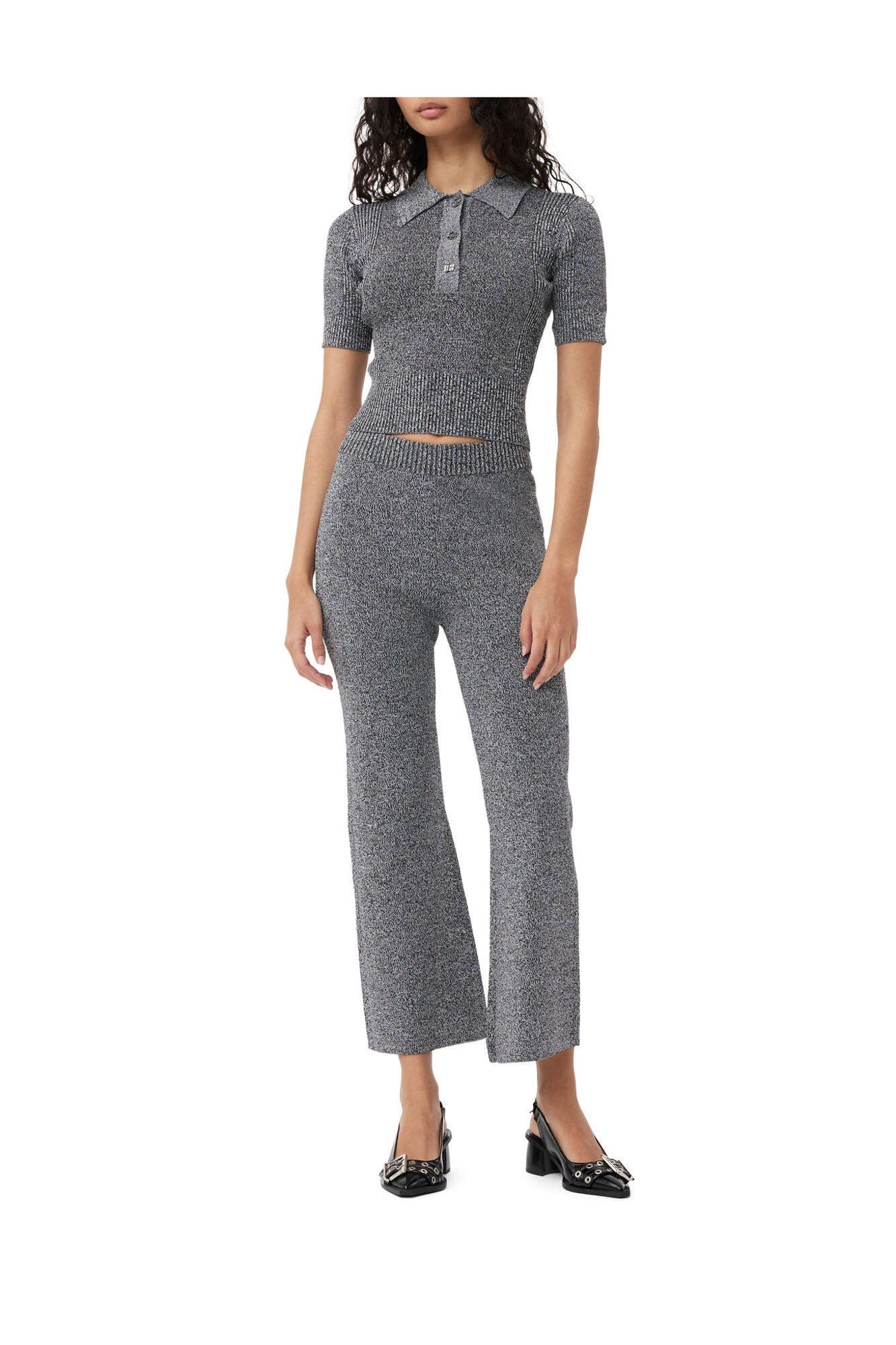 Grey Melange Rib Cropped Trousers | Black