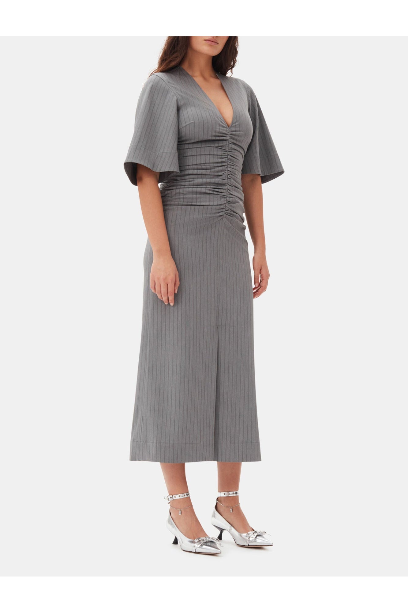 Grey Striped Suiting V neck Fitted Dress | Mirage Gray