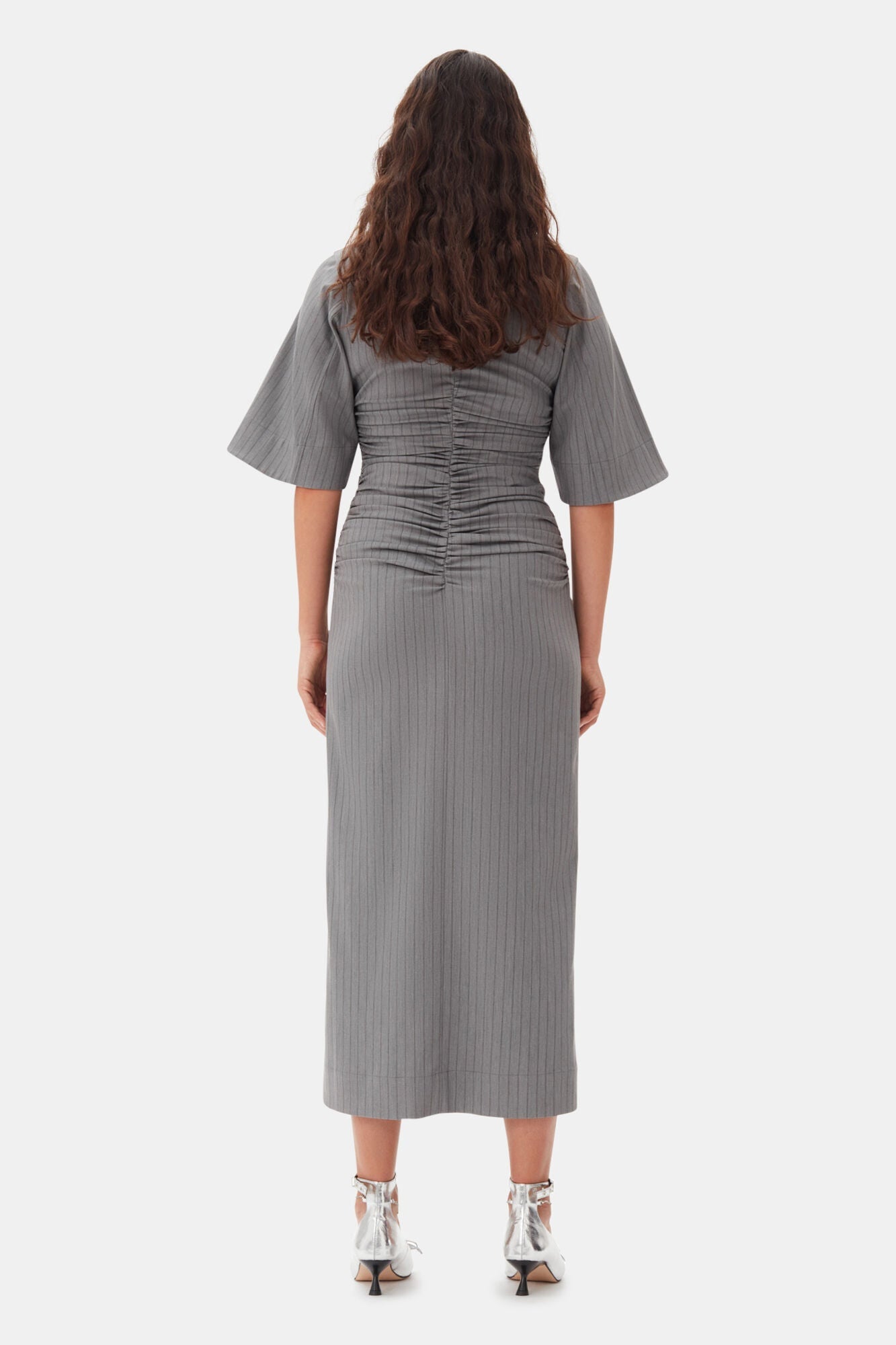 Grey Striped Suiting V neck Fitted Dress | Mirage Gray