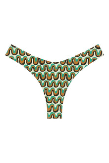 Turquoise bikini bottom with repeating wavy pattern in mustard yellow, black, and tan with zig-zag stitching detail.