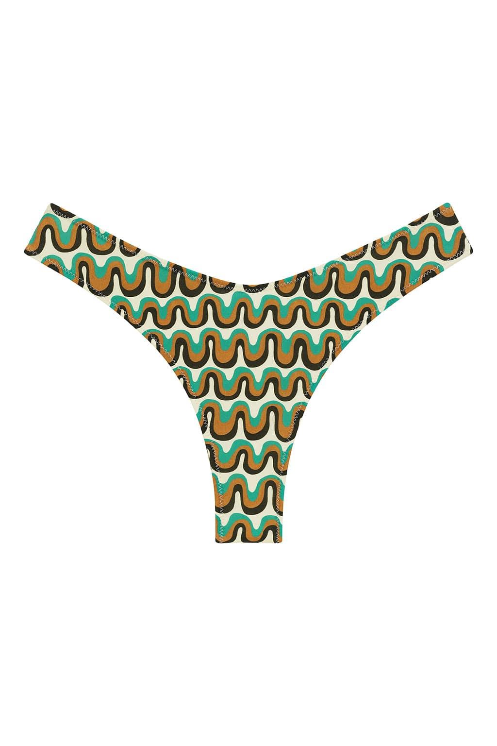Turquoise bikini bottom with repeating wavy pattern in mustard yellow, black, and tan with zig-zag stitching detail.