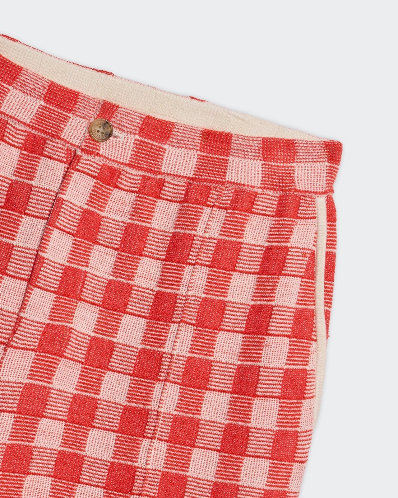 Gingham Bermuda Short - Cherry Combo with pintuck details, button closure, side pockets, and red cherry gingham pattern.