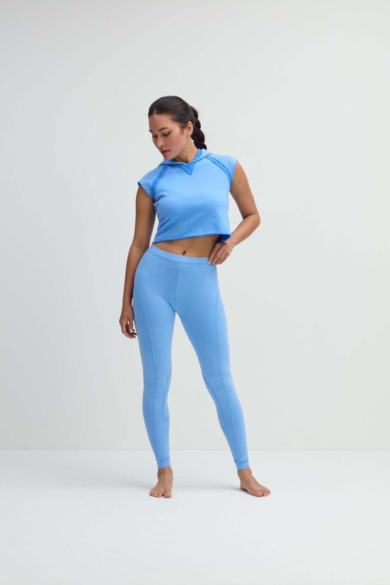 Women | Raw Edge Crop Short Sleeve Fleece Hoodie | Cornflower