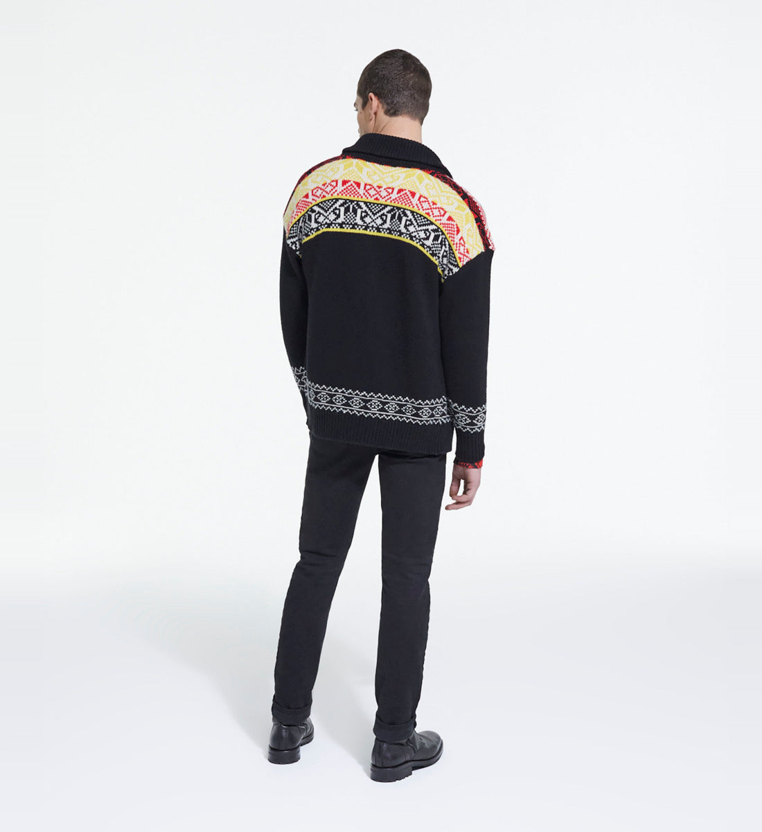 Patterned Wool Cardigan | Men | Black x Red x Yellow