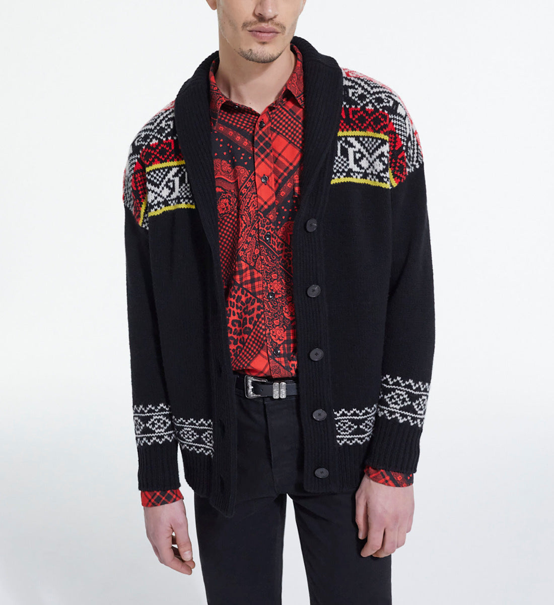 Patterned Wool Cardigan | Men | Black x Red x Yellow