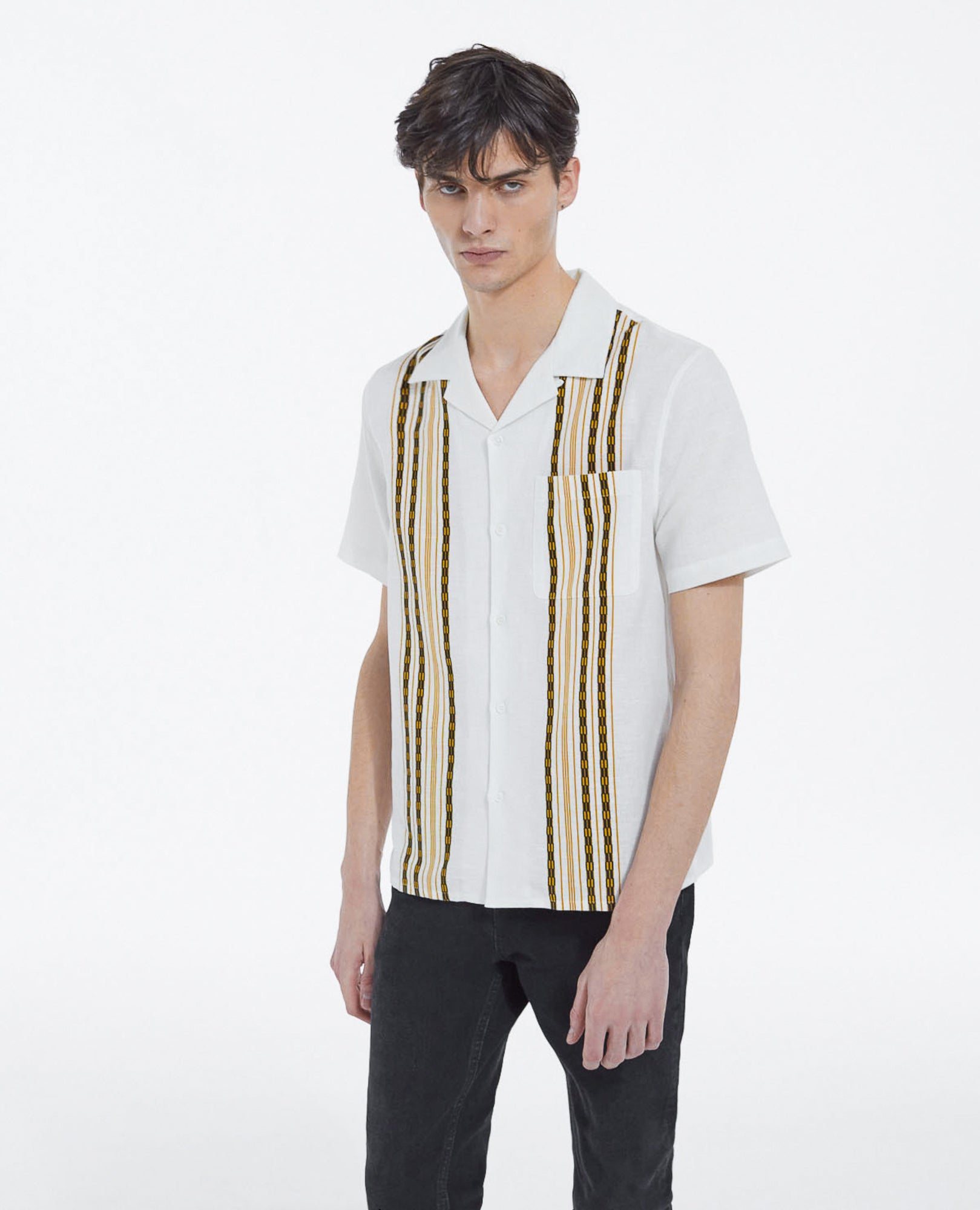 Patterned Cotton Shirt With Vertical Stripes | Men | White x Yellow