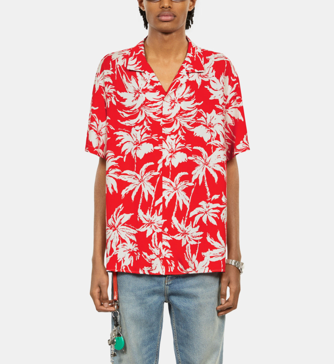 Palm Tree Print Short Sleeve Shirt | Men | Red x White