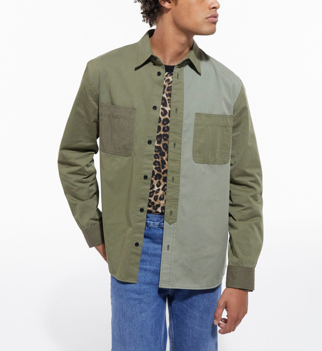 Khaki Classic Collar Patchwork Denim Shirt | Men | Olive Night