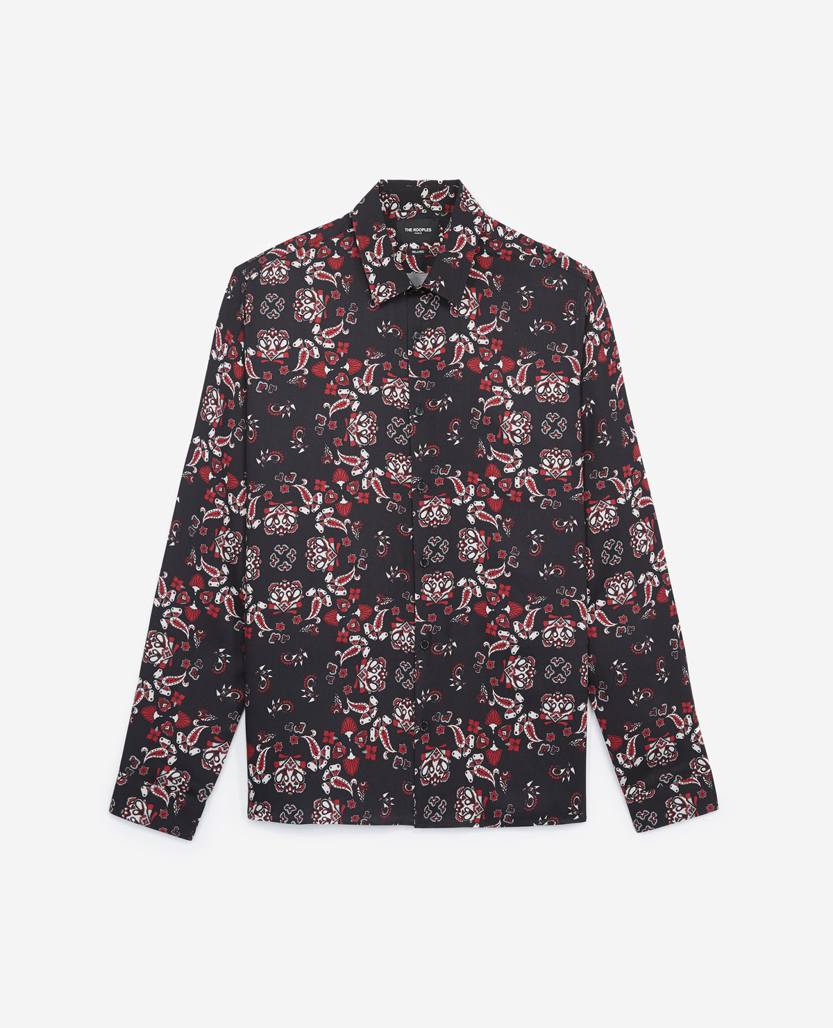 Printed Viscose Motif Long Shirt | Men | Black x Red