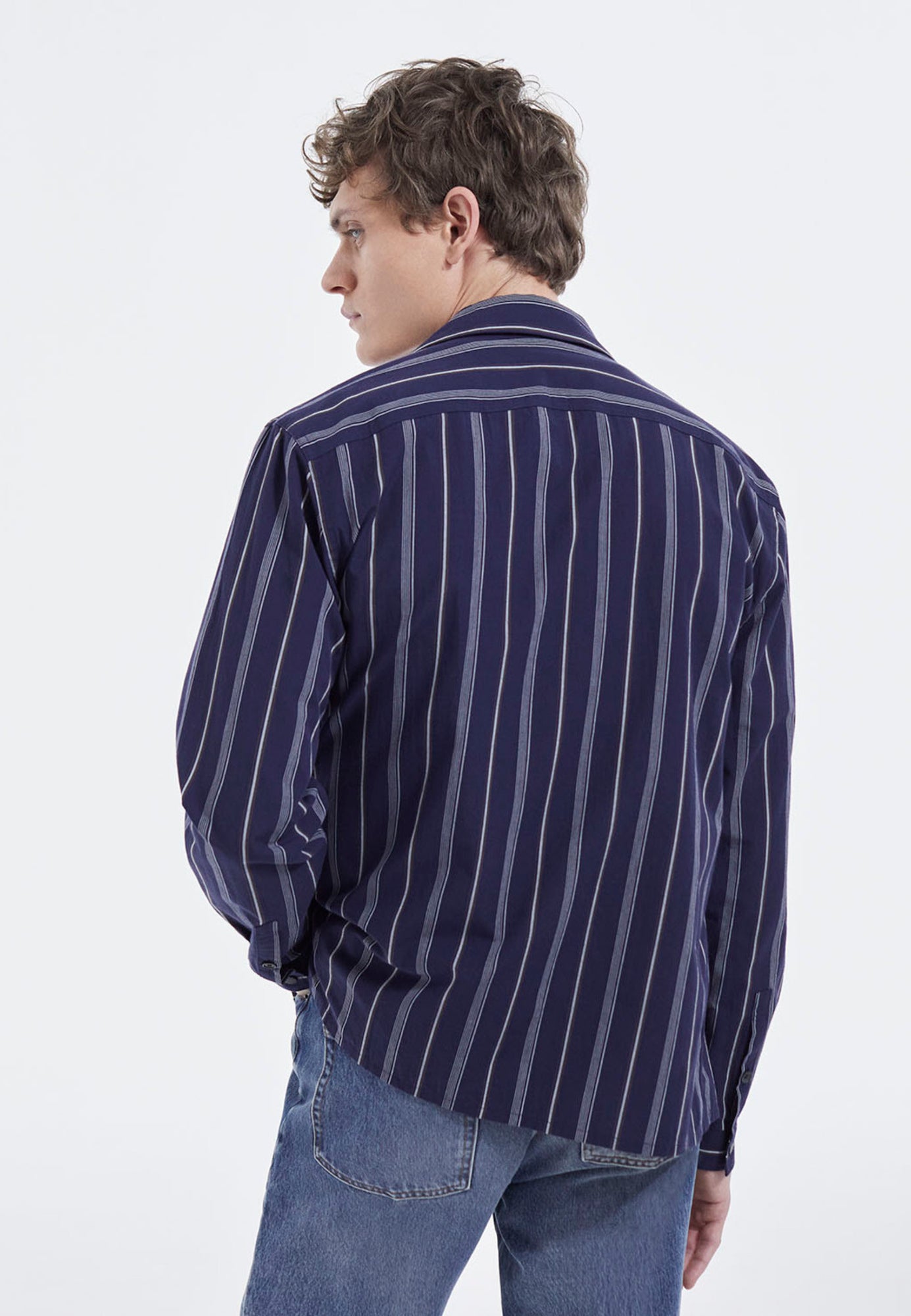 Striped Hawaiian-Collar Shirt | Men | Navy Blue