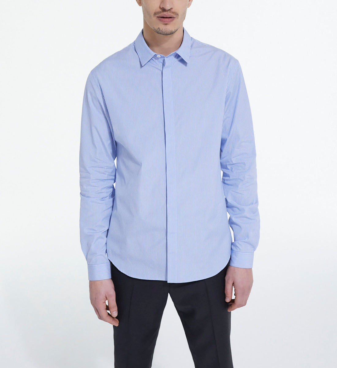 Striped Shirt With Classic Collar | Men | White x Sky Blue