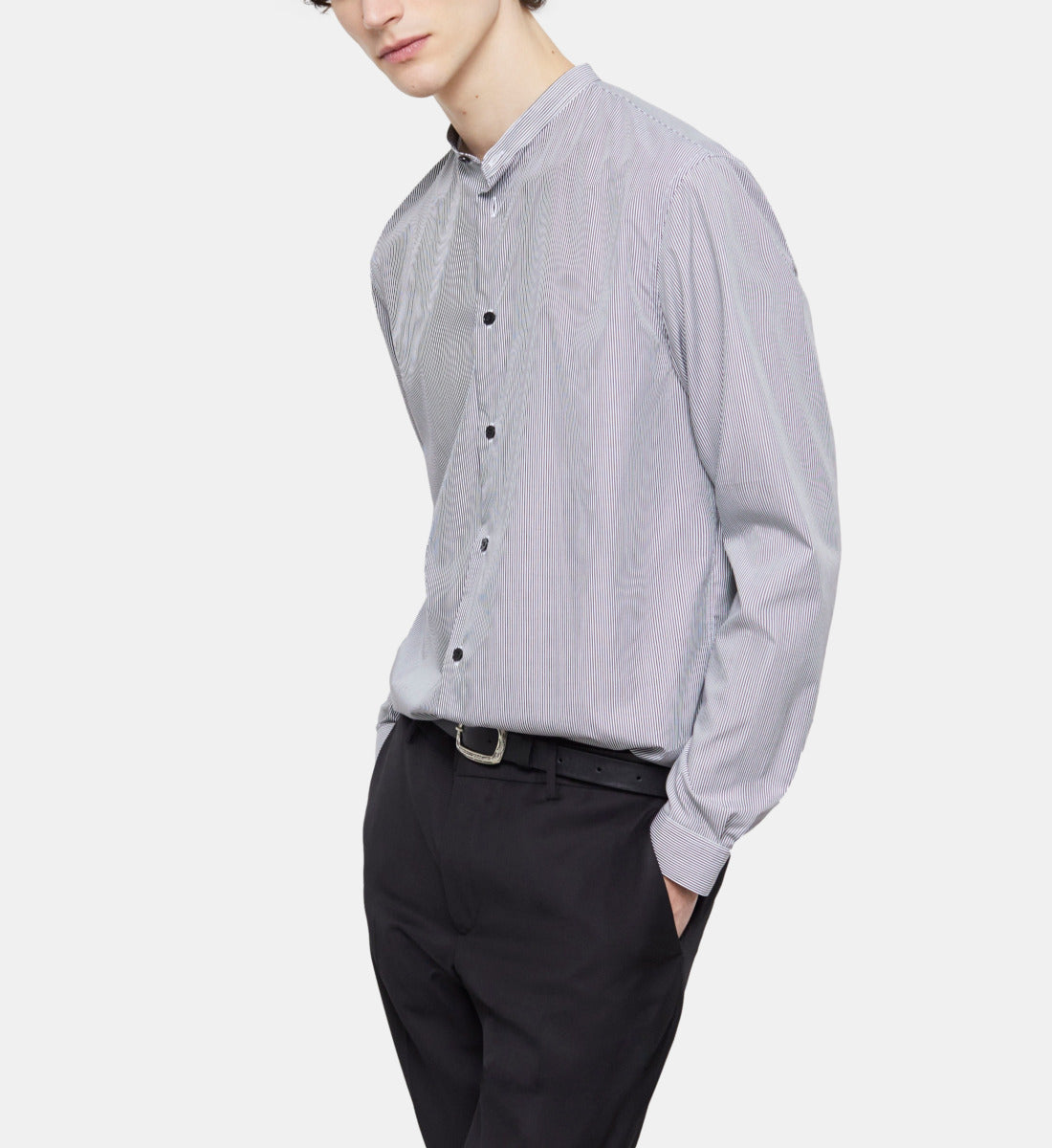 Slim-Fit Striped Shirt With Officer Collar | Men | Black x White