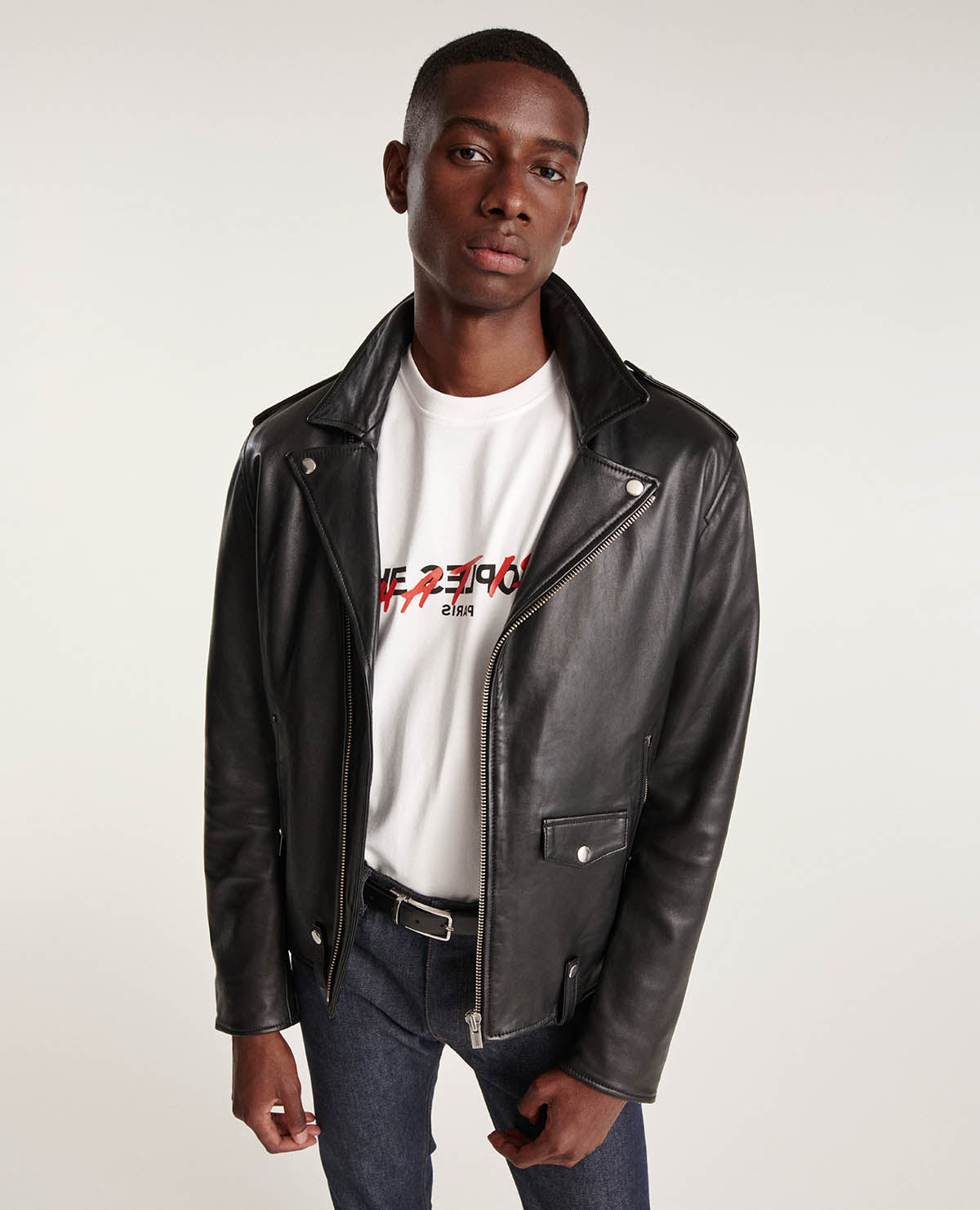 Zipped Leather Biker Jacket | Men | Black