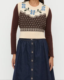 Heather Sweater Vest in Brown and Cream Floral wool, Lolo Pointelle Long Sleeve in brown espresso, and Ruthie Denim Skirt in dark blue.