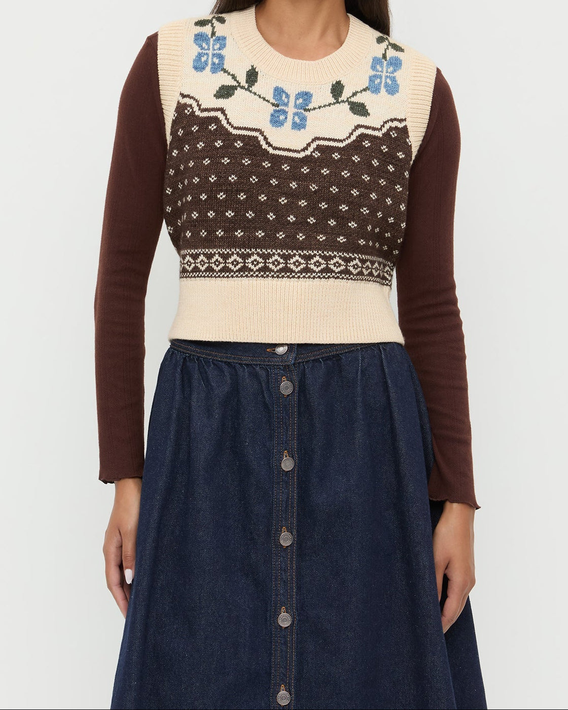 Heather Sweater Vest in Brown and Cream Floral wool, Lolo Pointelle Long Sleeve in brown espresso, and Ruthie Denim Skirt in dark blue.