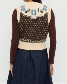 Heather Sweater Vest in Brown and Cream Floral wool, Lolo Pointelle Long Sleeve in brown espresso, and Ruthie Denim Skirt in dark blue.
