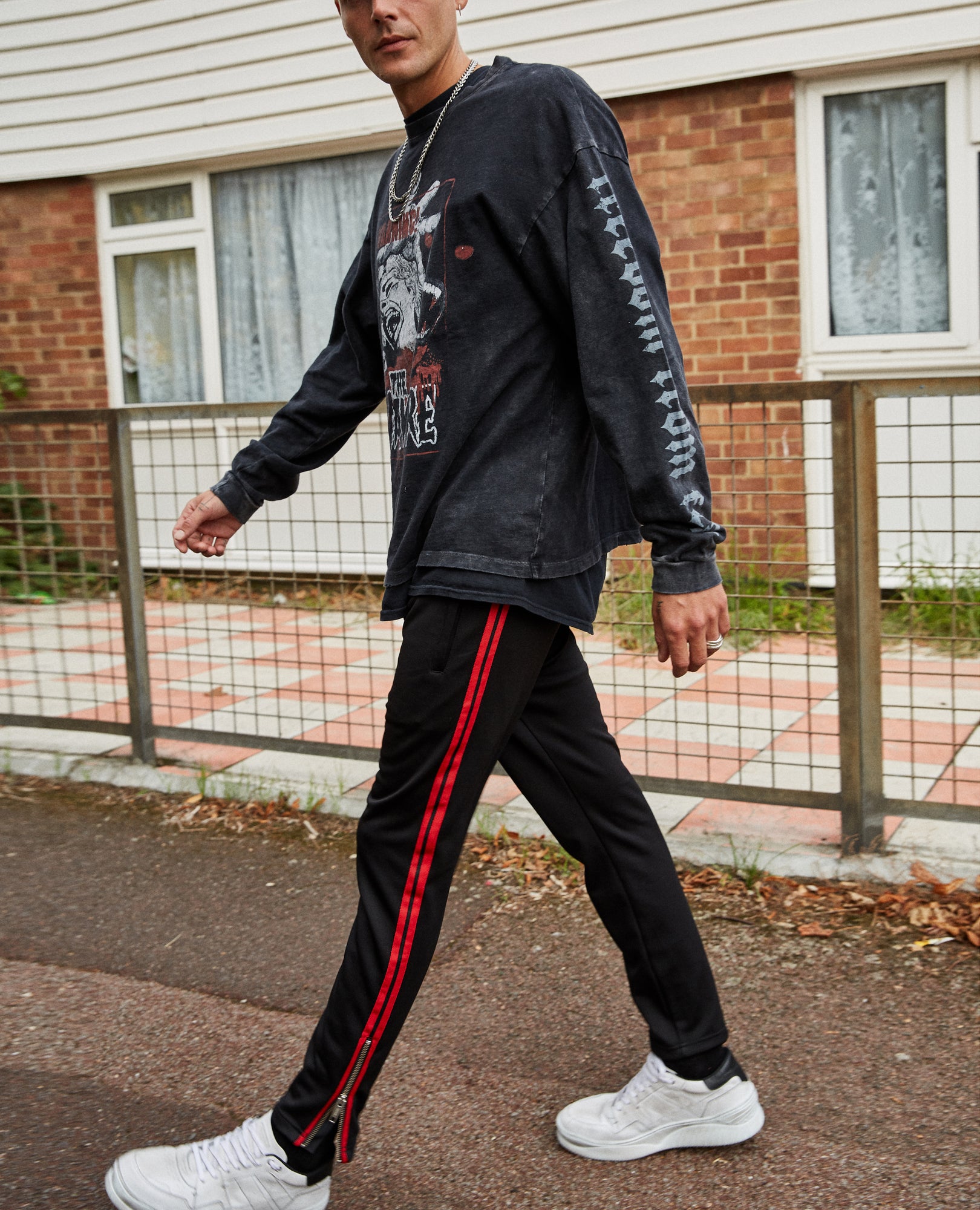 Burgundy, Technical Fabric Joggers With Contrasting Bands | Men | Black x Red