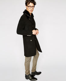 Straight Coat With Faux Fur Collar | Men | Black