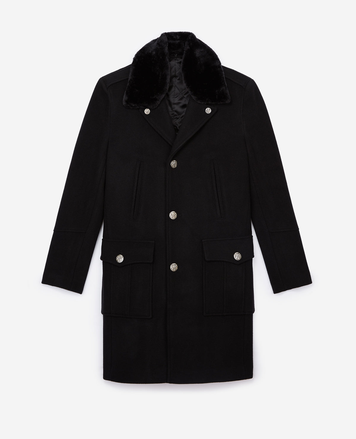 Straight Coat With Faux Fur Collar | Men | Black