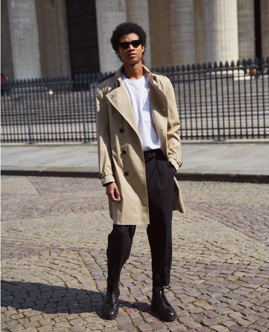 Long Trench Coat Leather Details | Men | Beige