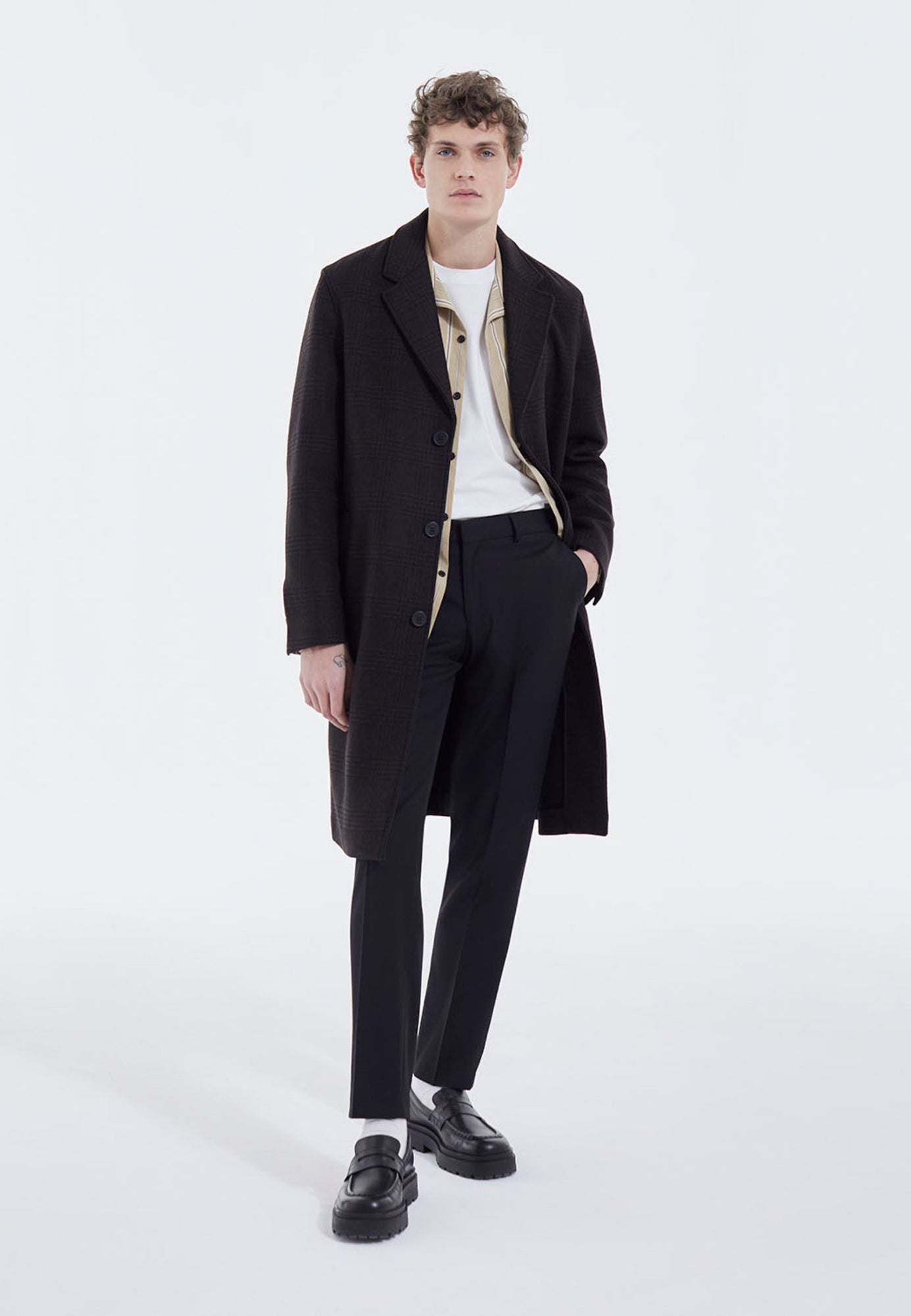 Long And Checked Coat | Men | Black Brown