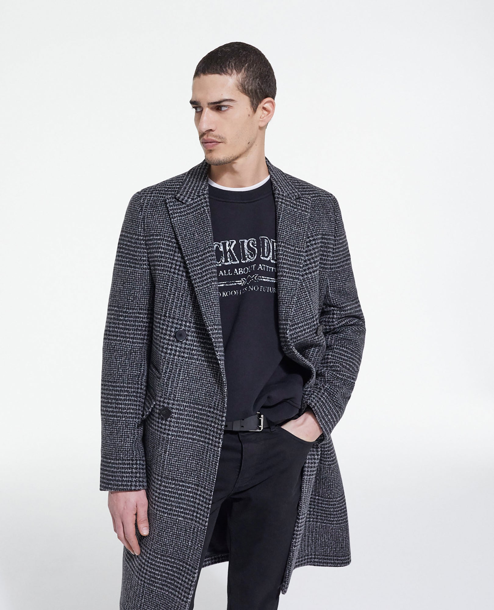 Long Wool Coat With Check Motif | Men | Dark Grey