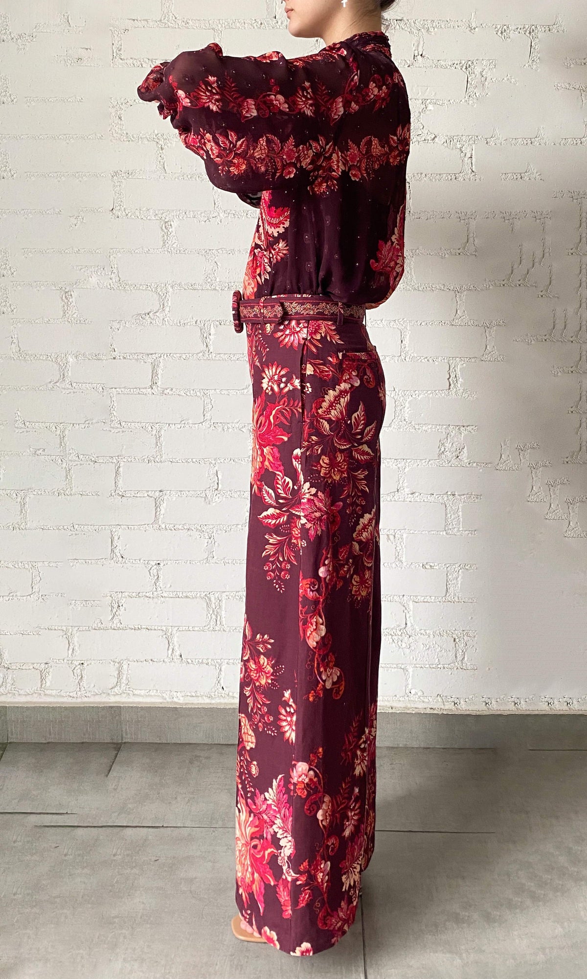 Womens | Aafa Linen Cotton Fitted & Flared Pants | Red/Beige